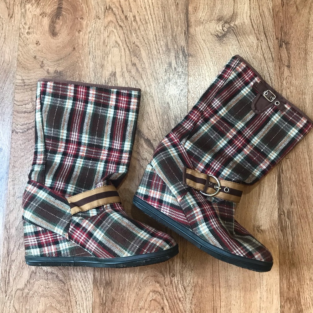 Plaid Wedge Boots Size 8